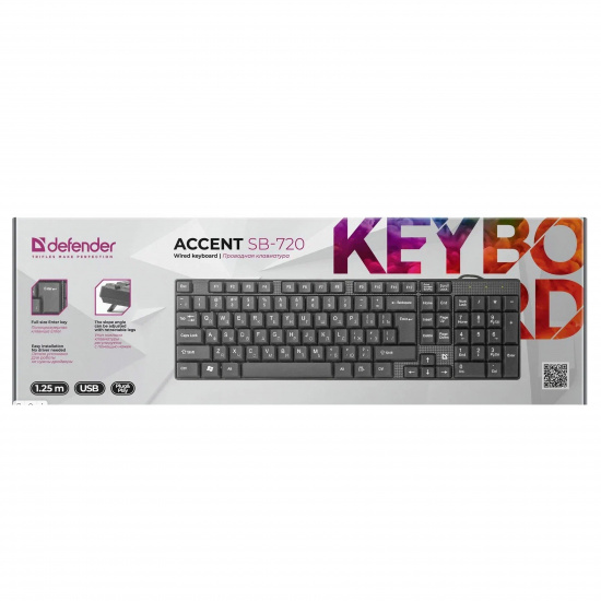 Клавиатура Defender Accent SB-720 RU, компакт., мембранная, влагоуст.,USB, черная