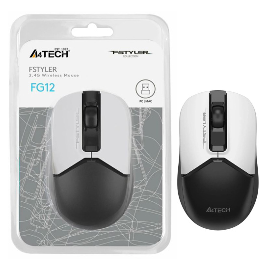 Манипулятор мышь A4tech Fstyler FG12 Panda оптическая. беспроводная USB (1200dpi) белый/черный