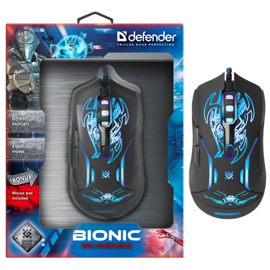 Манипулятор мышь Defender Bionic GM-250L 800-3200 dpi игровая, черная с подсветкой USB