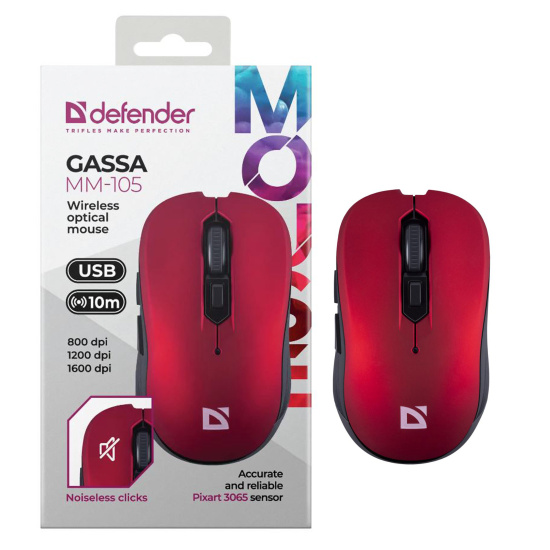 Манипулятор мышь Defender Gassa MM-105 красная, бесшумная USB