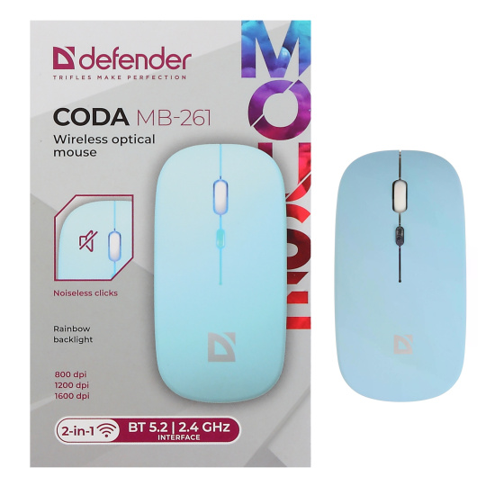 Манипулятор мышь Defender Coda MB-261 (голубой) Bluetooth+USB, аккумулятор, бесшумная, беспроводная