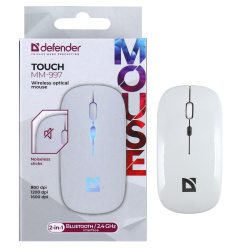 Манипулятор мышь  Defender Touch MM-997 белая, Bluetooth+USB, аккумулятор, 3 кнопки 800-1600dpi бесшумная, беспроводная