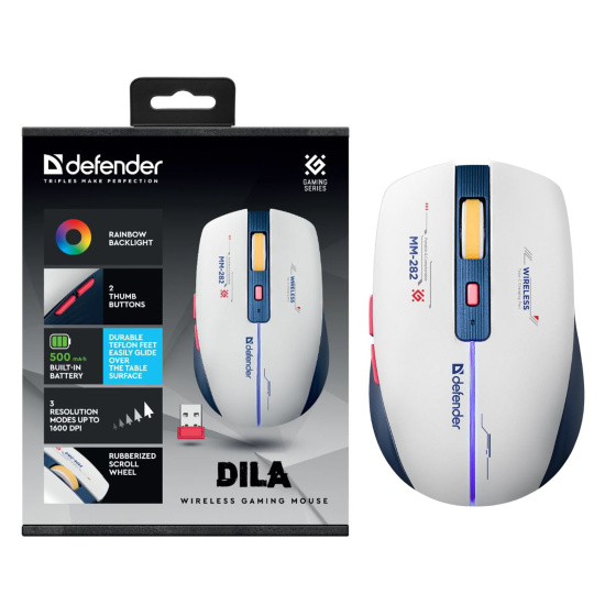 Манипулятор мышь Defender DILA MM-282 (белый+синий) 1200-1800 dpi аккумулятор, подсветка, беспроводная