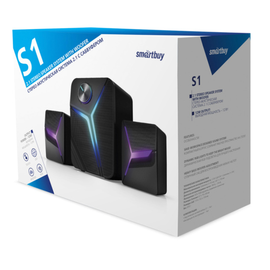 Акустическая система SmartBuy S1, мощность 12Вт, Bluetooth, LED-подсветка, черные (SBA-4450)/16