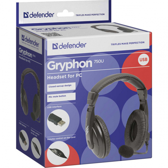 Наушники с микрофоном Defender Gryphon 750U, черный, кабель 1,8 м, USB