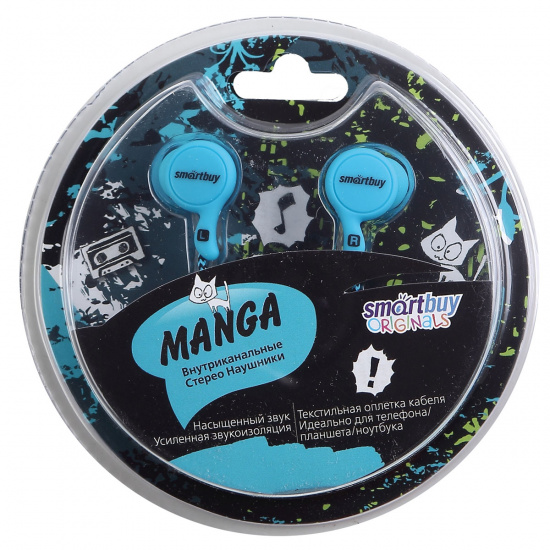 Наушники вкладыши SmartBuy Manga,ткан. оплетка кабеля,покр. динамиков soft touch, синие (SBE-1060)