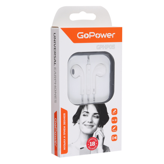 Наушники вкладыши с микрофоном GoPower GPHP05, белые