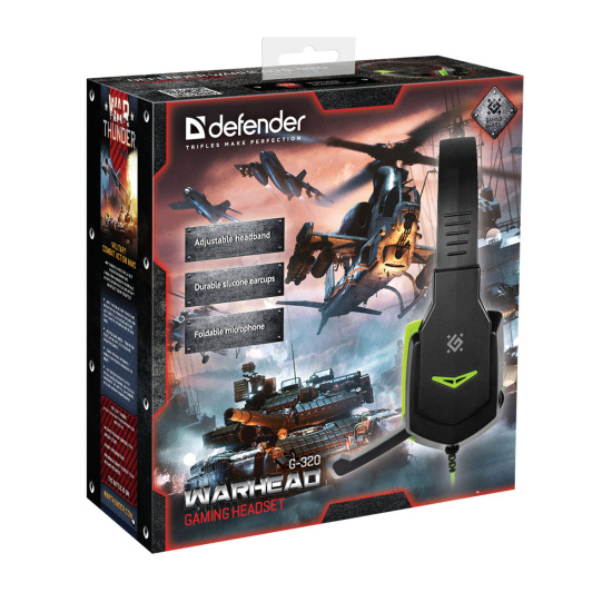 Наушники с микрофоном игровые Defender Warhead G-320 черный + зеленый, кабель 1,8 м