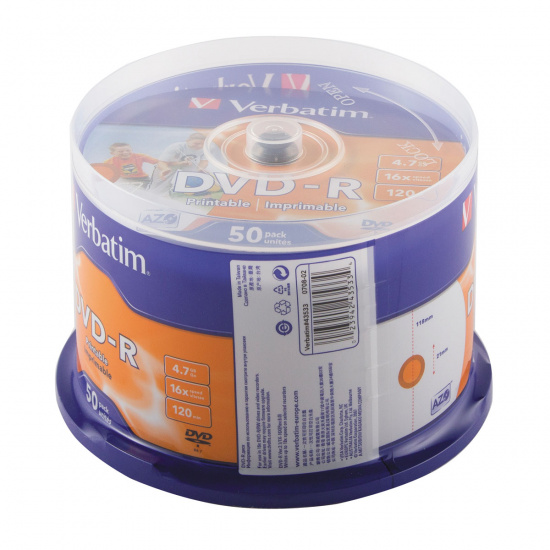 Лазер диск Verbatim DVD-R 4.7 Gb 16х Cake box 50 шт. 43533 PRINT