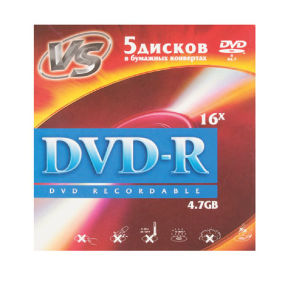 Лазер диск VS DVD-R 4.7 Gb 16x  5шт конверт