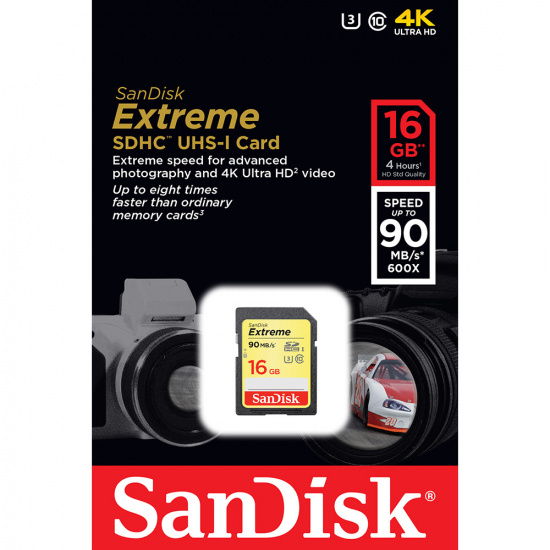 Карта памяти SDHC Card 16Gb Class 10 UHS-I U3 eXtreme 90Mb/c SanDisk