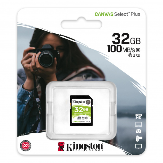 Карта памяти SDHC Card 32Gb class 10 UHS-I U1 V10  Canvas Select Plus 100Mb/s Kingston