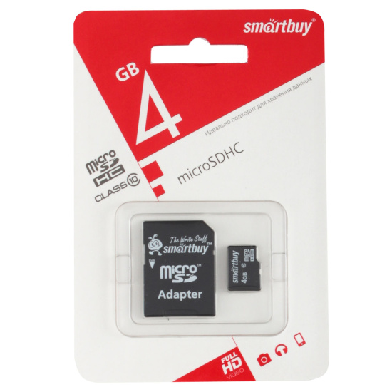 Карта памяти microSDHC Card (T-Flash) 4Gb class 10 + адаптер SmartBuy