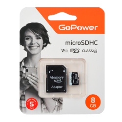 Карта памяти microSDHC Card 8Gb class 10 V10 + SD адаптер GoPower