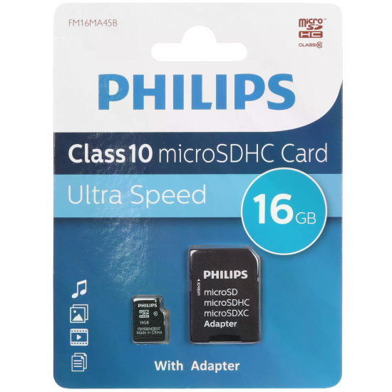 Карта памяти microSDHC Card 16Gb класс 10 Philips (SD адаптер)