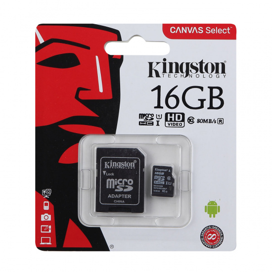 Карта памяти microSDHC 16GB Class 10 UHS-I U1 Canvas Select 80MB/s Kingston (SD адаптер)