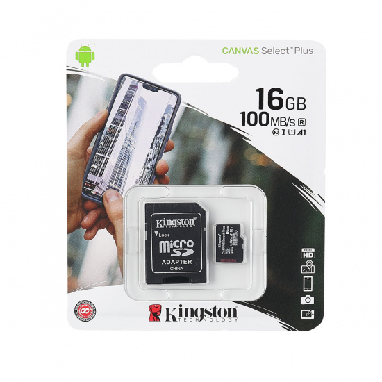 Карта памяти microSDHC 16GB Class 10 UHS-I U1 Canvas Select Plus 100MB/s Kingston (SD адаптер)