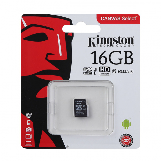 Карта памяти microSDHC 16GB Class 10 UHS-I U1 Canvas Select 80MB/s Kingston