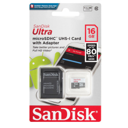 Карта памяти microSDHC 16GB Class10 Ultra 80MB/s SanDisk + SD адаптер UHS-I