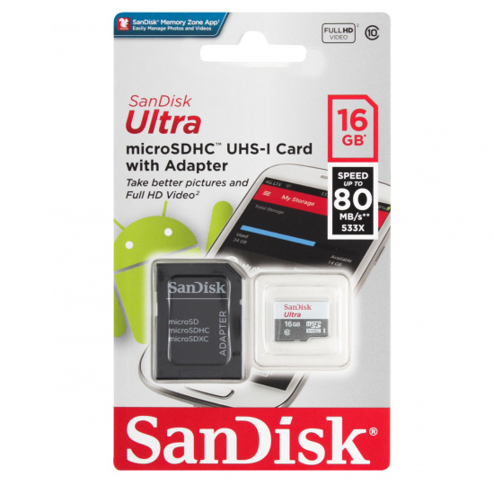 Карта памяти microSDHC 16GB Class10 Ultra 80MB/s SanDisk  + SD адаптер UHS-I