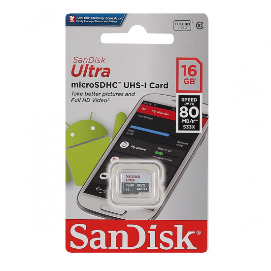 Карта памяти microSDHC 16GB Class10 Ultra 80MB/s SanDisk
