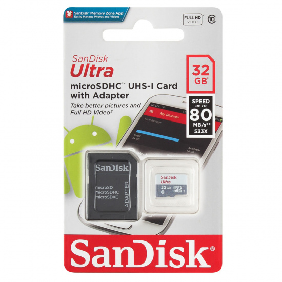 Карта памяти microSDHC Card Ultra 32GB SanDisk Class 10 Ultra Android (SD адаптер) 80MB/s