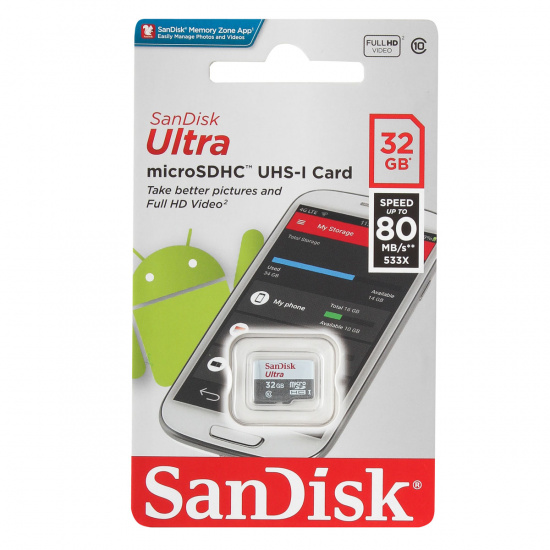 Карта памяти microSDHC Card Ultra 32GB SanDisk Class 10 UHS-I Ultra Android 80MB/s без ад. (SDSQUNS-032G-GN3MN)