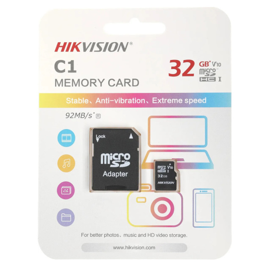 Карта памяти microSDHC 32GB Class 10 UHS-I U1 HIKVISION HS-TF-C1(STD) 92MB/s + SD адаптер
