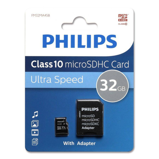 Карта памяти microSDHC Card 32Gb класс 10 Philips (+SD адаптер)