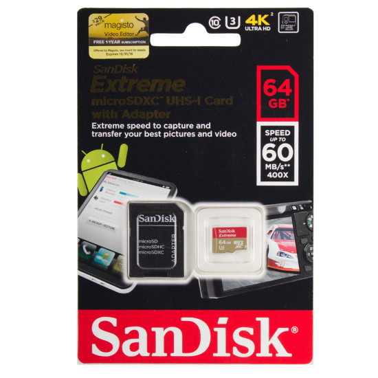 Карта памяти microSDXC 64GB Class10 UHS-I Extreme 60MB/s SanDisk + SD адаптер