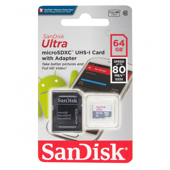 Карта памяти microSDXC 64GB Class10 Ultra Android UHS-I 80MB/s SanDisk + SD адаптер