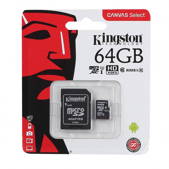 Карта памяти microSDXC 64GB Class10 UHS-I U1 Kingston Canvas Select (SD адаптер) 80MB/s