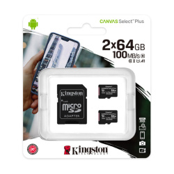 Карта памяти microSDHC 64GB Class10 UHS-I U1 Kingston Canvas Select Plus 100MB/s Two Pack + SD адаптер
