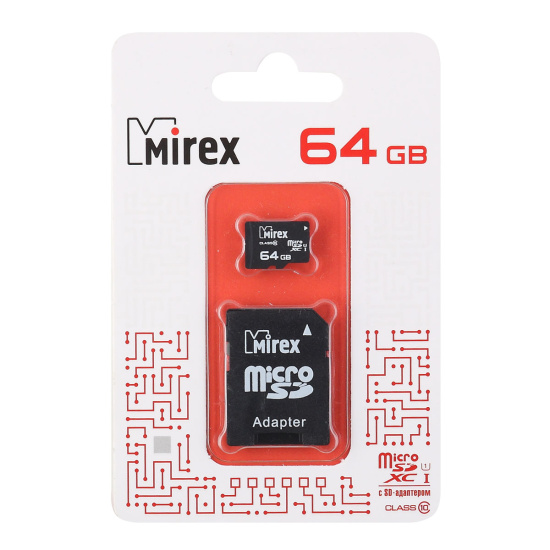 Карта памяти microSDXC 64Gb class 10 UHS-1+SD адаптер Mirex