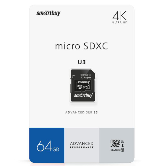 Карта памяти microSDXC 64GB Class10 UHS-I U3 V30 Smartbuy (+SD адаптер)