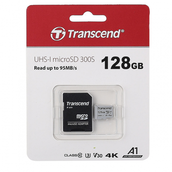 Карта памяти microSDXC 128GB Class 10 UHS-I U3  V30  A1  (+SD адаптер) Transcend