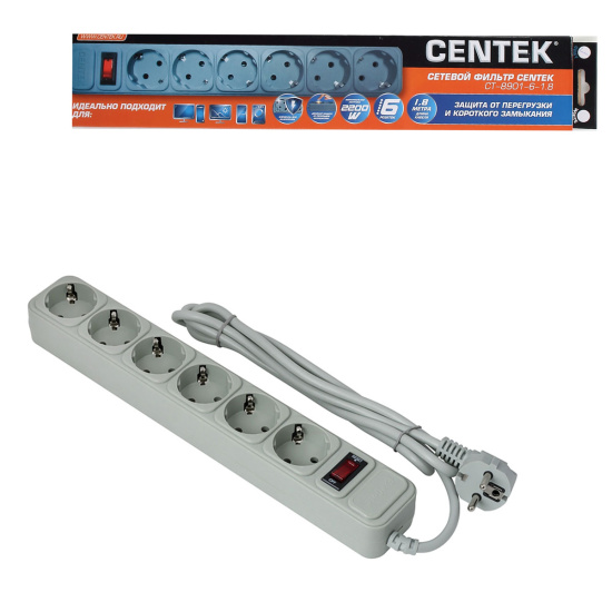 Сетевой фильтр 6 розеток Centek СТ-8901-6-1,8 Gray (1,8 м) серый