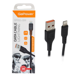 Кабель USB 8-pin для Apple, длина 2,0 м, черный, макс. сила тока 2,1А fast charge GoPower GP01L-2M