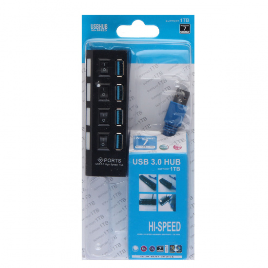 Разветвитель USB SmartBuy 4 порта USB 3.0, с выключателями, черный SBHA-7304-B