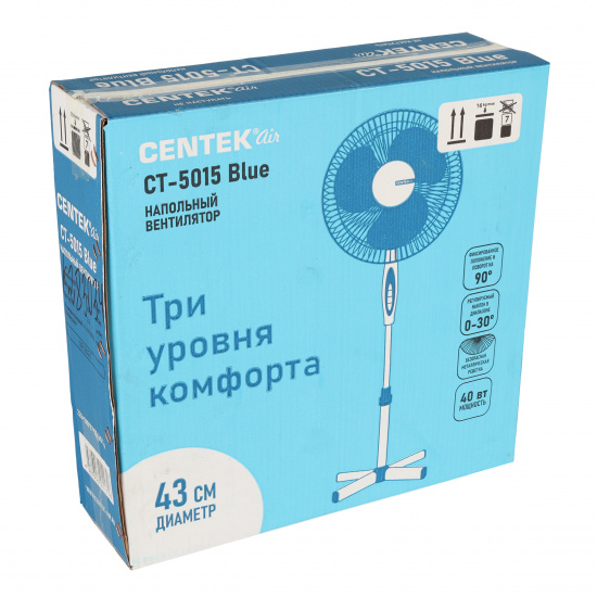 Вентилятор Centek CT-5015 синий 40Вт, 1.25м, 43см, 3 скорости, автоповорот, подсвет