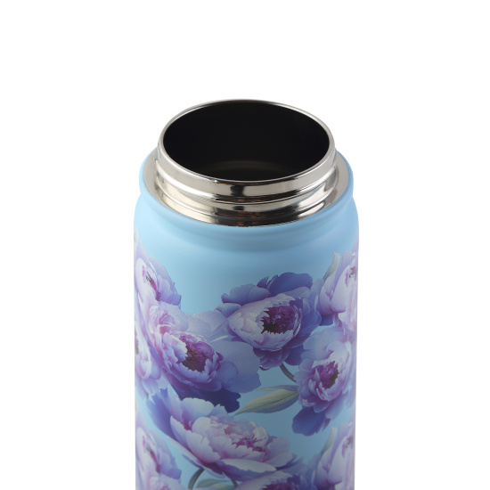 Термос стальной, ручка пластиковая, 720 мл, 3D-печать, колба сталь нержавеющая, трубочка, цвет голубой с рисунком, Девушка с пионами, FIORENZO, 253154