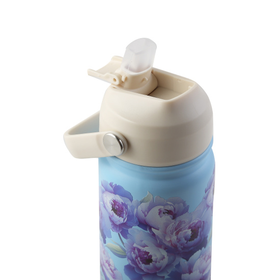 Термос стальной, ручка пластиковая, 720 мл, 3D-печать, колба сталь нержавеющая, трубочка, цвет голубой с рисунком, Девушка с пионами, FIORENZO, 253154