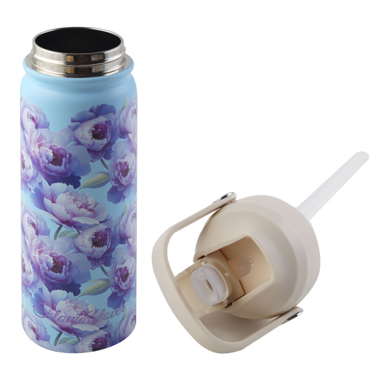 Термос стальной, ручка пластиковая, 720 мл, 3D-печать, колба сталь нержавеющая, трубочка, цвет голубой с рисунком, Девушка с пионами, FIORENZO, 253154