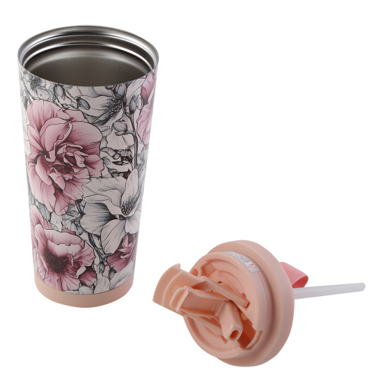 Термокружка, сталь, с рисунком, термопечать, трубочка, 530 мл, Цветочный шик, FIORENZO, 253159