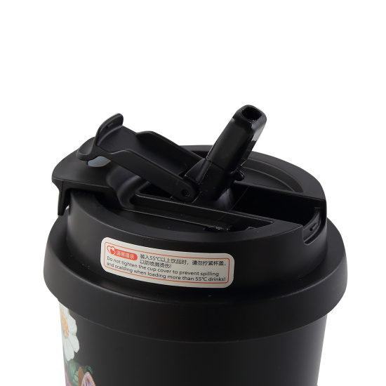 Термокружка, сталь, черный с рисунком, термопечать, трубочка, 530 мл, Цветочный вернисаж, FIORENZO, 253160