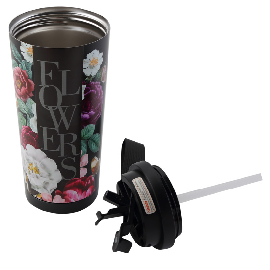 Термокружка, сталь, черный с рисунком, термопечать, трубочка, 530 мл, Цветочный вернисаж, FIORENZO, 253160
