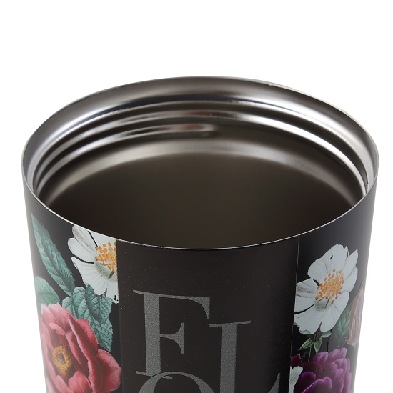 Термокружка, сталь, черный с рисунком, термопечать, трубочка, 530 мл, Цветочный вернисаж, FIORENZO, 253160