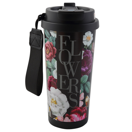 Термокружка, сталь, черный с рисунком, термопечать, трубочка, 530 мл, Цветочный вернисаж, FIORENZO, 253160