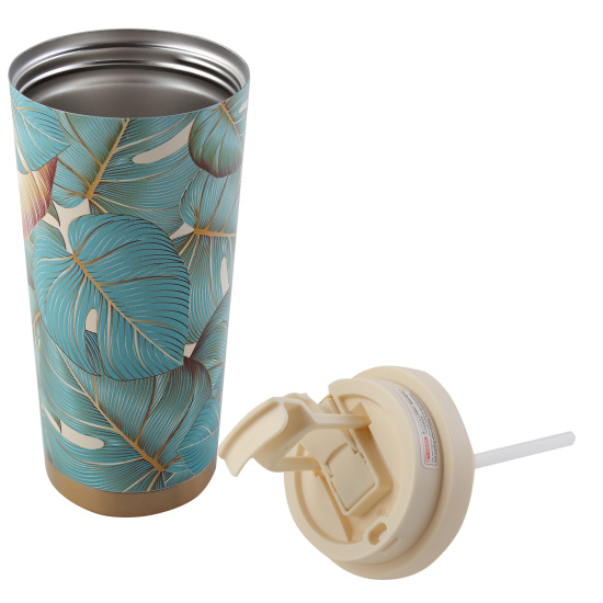 Термокружка, сталь, с рисунком, термопечать, трубочка, 530 мл, Тропические листья, FIORENZO, 253161