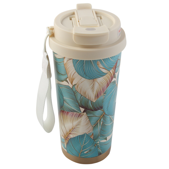 Термокружка, сталь, с рисунком, термопечать, трубочка, 530 мл, Тропические листья, FIORENZO, 253161